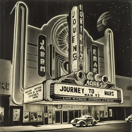 masterpiece, best quality, <lora:add-detail-xl:1> <lora:ArsMJStyle_-_Vintage_Future:0.8> ArsMJStyle A grand Art Deco theater marquee advertising a "Journey to Mars" film premiere. Monochrome with hints of neon, capturing a 1940s sci-fi atmosphere.