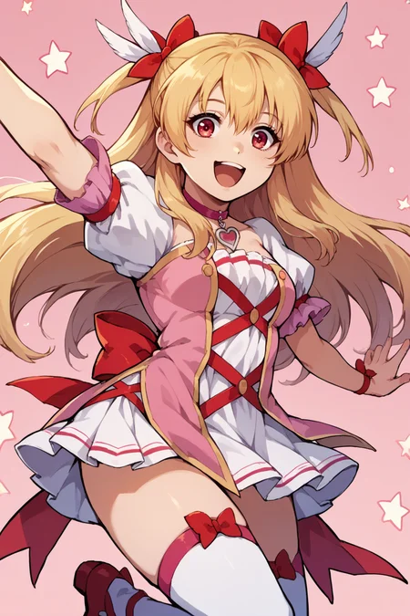 score_9, score_8_up, score_7_up, score_6_up, source_anime, BREAK 1girl  <lora:alisareinford-pdxl-nvwls-v1-000006:1> mgalisa, blonde hair, two side up, hair bow, magical girl, pink collar, pink dress, white thighhighs, pink background, stars, happy, open mouth, raised arm