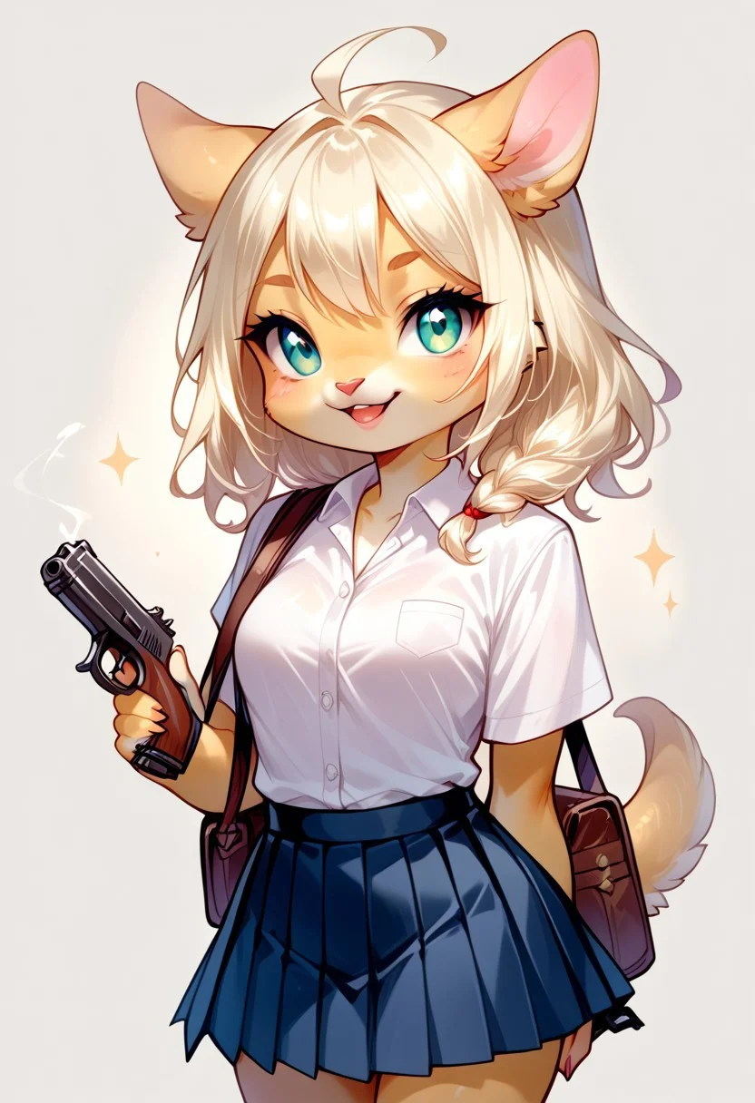 score_9, score_8_up, score_7_up, source_cartoon, solo, cute chibi necoarc, female, white shirt, pleated skirt, handgun, anthropomorphic, (cartoon art style:1.2)