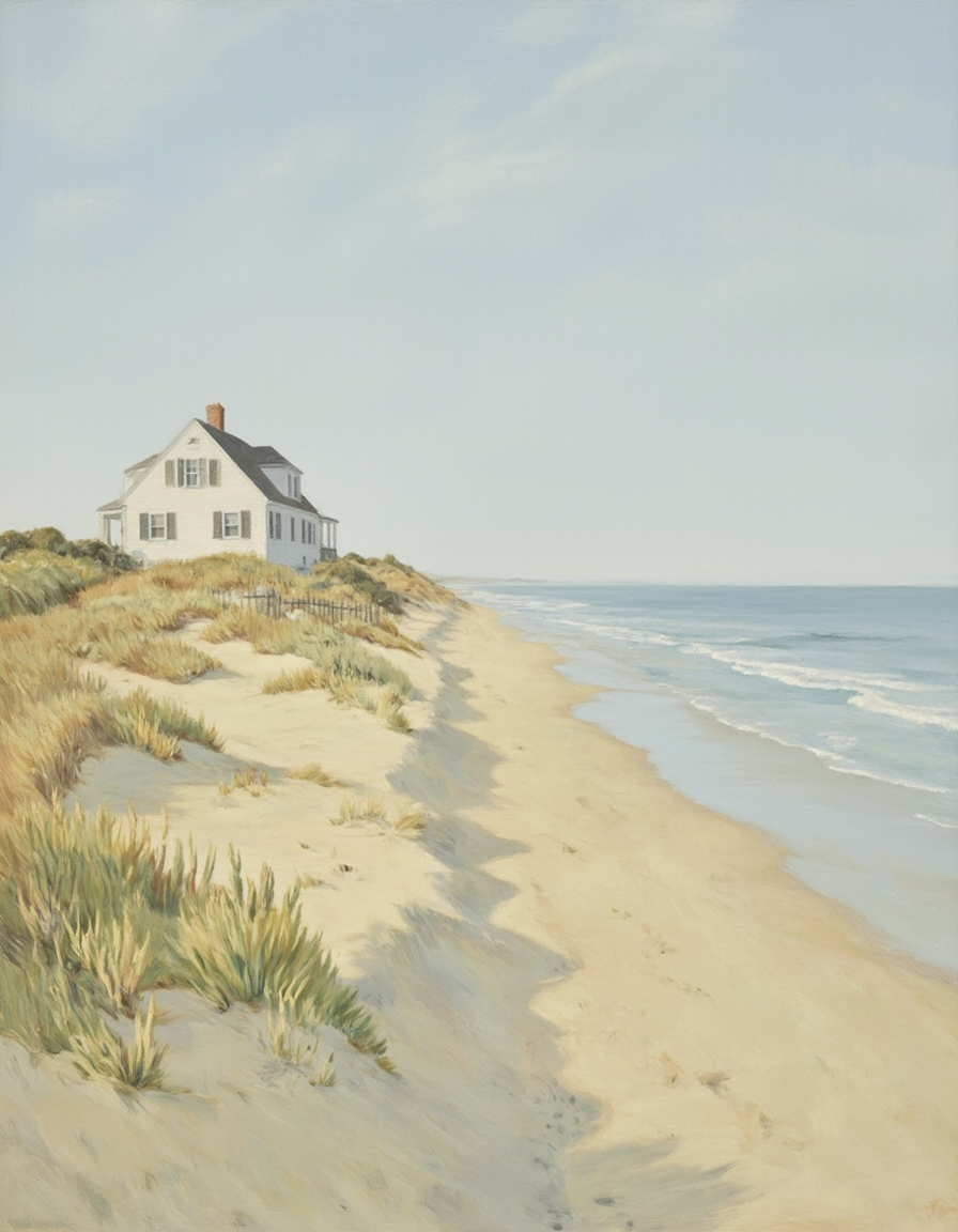 A serene and detailed painting of a classic Cape Cod-style mansion on a sandy beach, inspired by the minimalist, intimate style of Maureen Gallace. The mansion, painted in crisp white with dark gray shutters and a steeply pitched roof, evokes a sense of coastal charm and understated elegance. It is nestled among dunes covered in soft, swaying sea oats, with a weathered wooden fence leading toward the shoreline.
The beach stretches into the distance, rendered with subtle textures and muted tones that blend harmoniously into the soft blues of the sky and sea. The water is calm, with gentle waves reaching the sandy shore. The late afternoon light casts a warm, golden glow across the scene, creating long shadows and a tranquil atmosphere.
The painting reflects Gallace's characteristic approach, focusing on simplicity and quiet beauty, with an emphasis on geometric shapes and muted, natural colors. The brushwork is soft and deliberate, capturing the essence of the Cape Cod setting while leaving enough abstraction to allow viewers to project their own sense of nostalgia onto the scene.
Medium and Style:
Oil on canvas.
Minimalist, modern style with clean, precise brushstrokes.
A muted and naturalistic color palette, with soft beiges, whites, and pastel blues dominating the composition.
This artwork reflects the timeless beauty of New England's coastal landscapes, inviting the viewer into a serene and reflective moment.