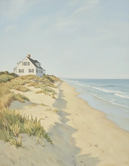 A serene and detailed painting of a classic Cape Cod-style mansion on a sandy beach, inspired by the minimalist, intimate style of Maureen Gallace. The mansion, painted in crisp white with dark gray shutters and a steeply pitched roof, evokes a sense of coastal charm and understated elegance. It is nestled among dunes covered in soft, swaying sea oats, with a weathered wooden fence leading toward the shoreline.
The beach stretches into the distance, rendered with subtle textures and muted tones that blend harmoniously into the soft blues of the sky and sea. The water is calm, with gentle waves reaching the sandy shore. The late afternoon light casts a warm, golden glow across the scene, creating long shadows and a tranquil atmosphere.
The painting reflects Gallace's characteristic approach, focusing on simplicity and quiet beauty, with an emphasis on geometric shapes and muted, natural colors. The brushwork is soft and deliberate, capturing the essence of the Cape Cod setting while leaving enough abstraction to allow viewers to project their own sense of nostalgia onto the scene.
Medium and Style:
Oil on canvas.
Minimalist, modern style with clean, precise brushstrokes.
A muted and naturalistic color palette, with soft beiges, whites, and pastel blues dominating the composition.
This artwork reflects the timeless beauty of New England's coastal landscapes, inviting the viewer into a serene and reflective moment.