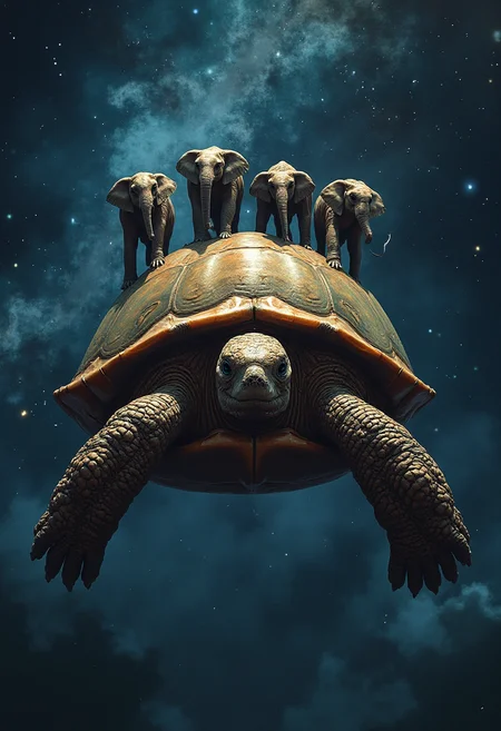The Great A'Tuin is an immense, cosmic turtle swimming through the infinite void of space. Its massive, ancient shell is covered in craters and ridges, some glowing faintly with the light of distant stars. On top of its back, four colossal elephants stand tall, arranged in a circle at 90 degrees to each other, supporting the vast, isometric disc-shaped world of Discworld on their broad shoulders. The turtle's leathery skin glistens faintly in the starlight, its large, serene eyes staring forward as it moves slowly through the galaxies. Below its enormous flippers, stars and nebulae swirl, creating an awe-inspiring contrast of size and serenity. A'Tuin's age is suggested by the weathering on its shell and the deep, wise expression in its ancient gaze. The entire scene feels both fantastical and majestic, with a sense of cosmic purpose and grand mythology.