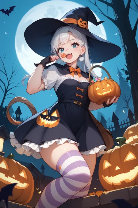 score_9, score_8_up, score_7_up, <lora:halloween:0.7>, A cute anime girl in a witch hat, holding a jack-o'-lantern bucket filled with candy. She's wearing striped thigh-highs and a Halloween-themed outfit. The background is a spooky forest with a full moon.