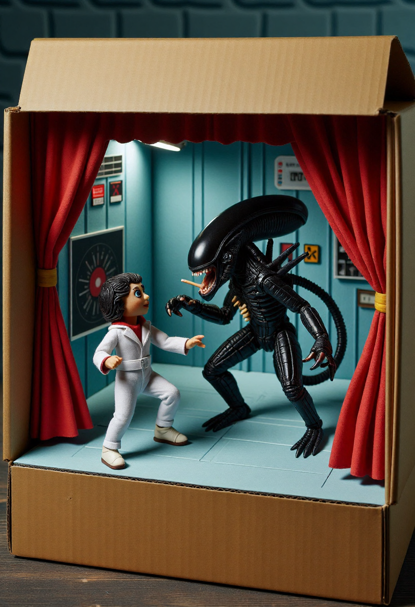 <lora:Finger_Puppet_Theater_FLUX-000013:0.9>
The image is a photograph of a whimsical, handcrafted diorama featuring a black Xenomorph chasing Ripley from the Aliens series in a space station, featuring a cardboard box set up as a stage.
