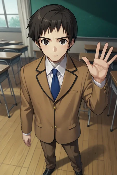 score_9, score_8_up, score_7_up,score_6_up,score_5_up,score_4_up,source_anime,BREAK, rating_safe, intricate details , , , anime screencap, anime coloring, official style, depth of field,1boy, solo, male focus,<lora:shizuki:0.98>,soujuurou shizuki,black hair, black eyes,short hair,looking at viewer, short hair, shirt, long sleeves,standing, closed mouth,jacket, school uniform, white shirt, full body, necktie, shoes, collared shirt, pants, black footwear, expressionless, blazer, loafers, brown jacket, winter uniform, brown pants, kita high school uniform, waving, , kyon,classroom,from above , , ,<lora:sdxl_lightning_8step_lora_315544:1>