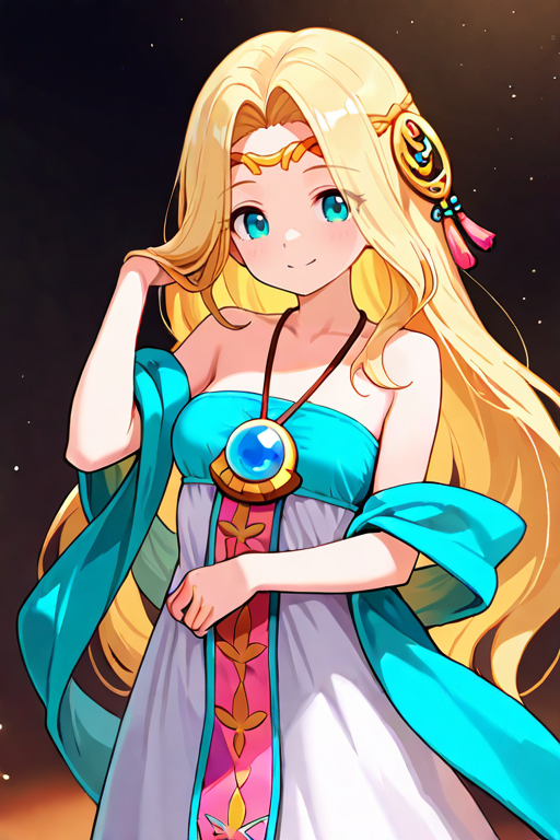 masterpiece, High quality, Ultra detailed, 2d, newest, absurdres, highres, BREAK
1girl, solo, <lora:cygnus:0.8>, cygnus_(maplestory), very long hair, blonde hair, hair ornament, jewelry, circlet, blue eyes, smile, 
medium breasts, cygnusDef, collarbone, bare shoulders, white dress, center dress ornament, shawl, necklace, BREAK
hand up, hands_on_waist, cowboy shot,