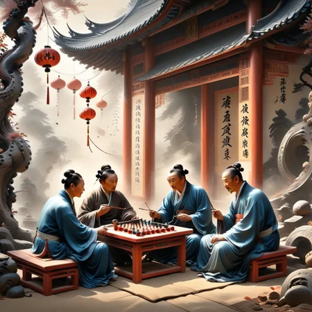Sinoink, ral-frctlgmtry, Two players play go, they are playing outside of a tea house while enjoying a pipe of tobacco, paper lanterns and streamers decorate the outside of the Tea House