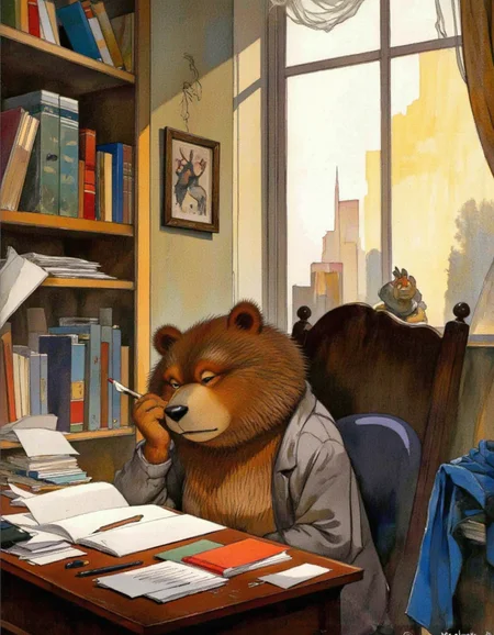 <lora:chzcat:1>, A thoughtful cartoon bear sitting at a desk in a study corner, surrounded by colorful stationery and papers. The bear holds a pencil, looking slightly puzzled but determined, with sunlight streaming through a large window behind them
