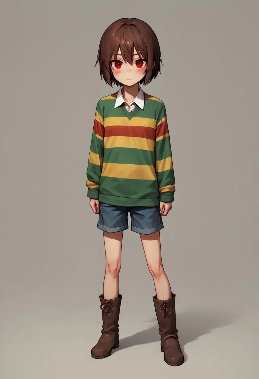 Chara,canon, striped sweater, shorts, red eyes, brown hair, short hair, boots, blush, locket, scoop neck, collared, red eyes, small breasts, young, skinny, source_anime,score_9, score_8_up, score_7_up,1girl, solo,