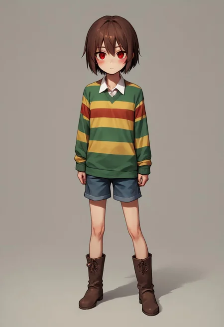 Chara,canon, striped sweater, shorts, red eyes, brown hair, short hair, boots, blush, locket, scoop neck, collared, red eyes, small breasts, young, skinny, source_anime,score_9, score_8_up, score_7_up,1girl, solo,