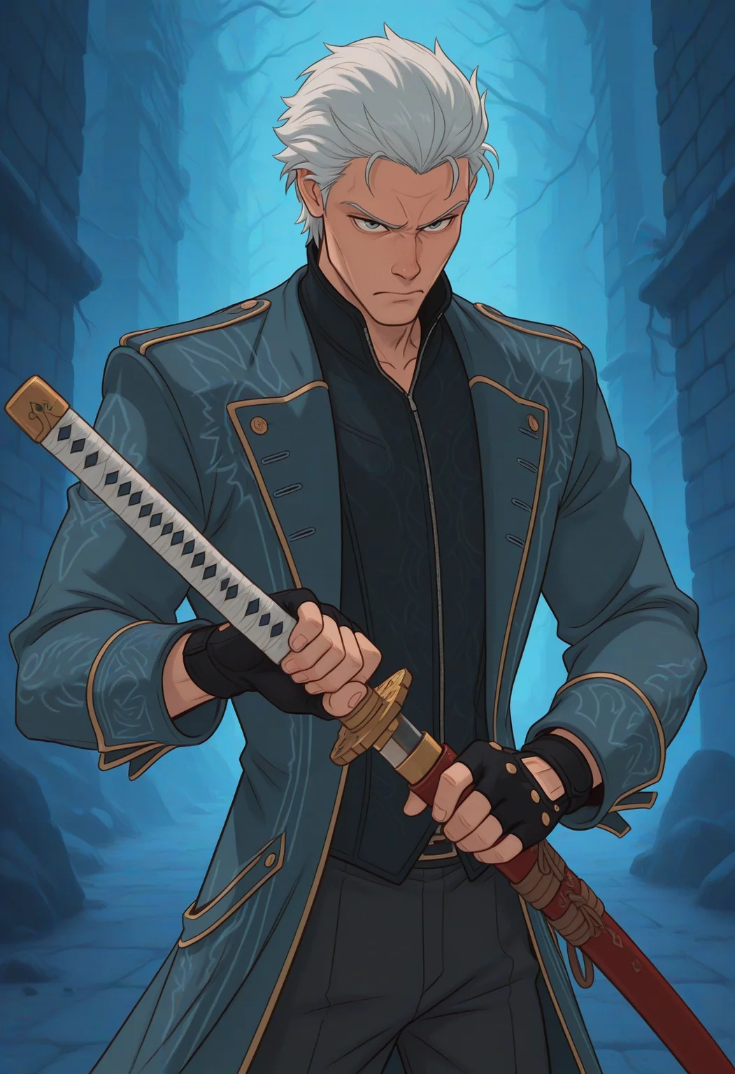 Disney_Il5.0, vergil devil may cry, 1boy, coat, fighting stance, fingerless gloves, gloves, hair slicked back, holding, holding sword, holding weapon, sheath, solo, sword, unsheathing, weapon, white hair, yamato sword, absurdres, highres, masterpiece, best quality, ultra-detailed, highest quality, official art, latest, very awa, very aesthetic, detailed shading, (detailed background, complex background), amazing quality, intricate, hyper-detailed, excellent, latest,