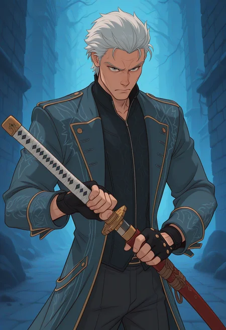 Disney_Il5.0, vergil devil may cry, 1boy, coat, fighting stance, fingerless gloves, gloves, hair slicked back, holding, holding sword, holding weapon, sheath, solo, sword, unsheathing, weapon, white hair, yamato sword, absurdres, highres, masterpiece, best quality, ultra-detailed, highest quality, official art, latest, very awa, very aesthetic, detailed shading, (detailed background, complex background), amazing quality, intricate, hyper-detailed, excellent, latest,