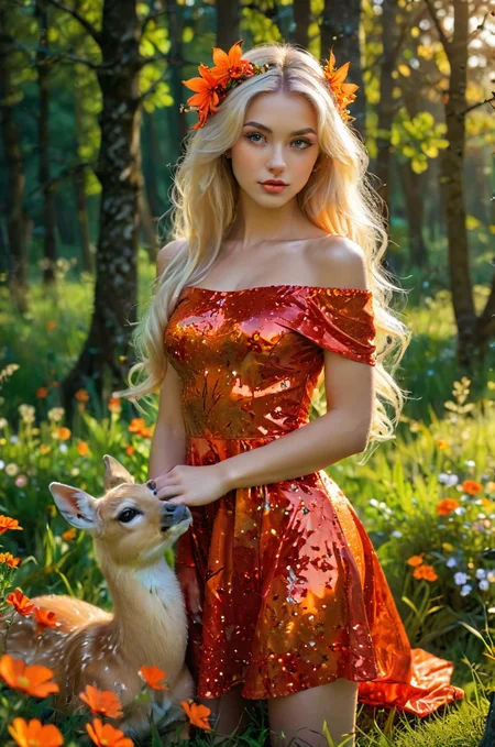 beautiful petite girl in (red orange:1.4) shiny summerdress, off shoulder looking at viewer, perfect eyes, perfect lips, perfect nose, perfect hands, perfect fingers, shiny long (blond:2.6) (black:1.2) hair, sexy pose, full body, hugging a young deer in a realistic detailed forest, perfect colorful flowers, perfect trees, perfect grass, perfect butterflies, perfect flower in hair (sunset:1.4) <lora:add-detail-xl:1.6>, vivid colors, sharp focus  glitter, glitter top<lora:sdxl_lightning_8step_lora:1>