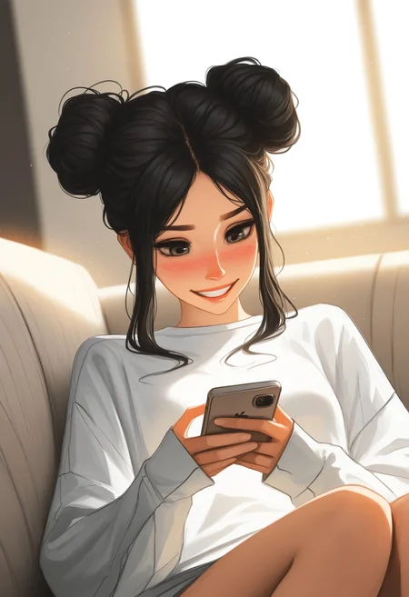 mature female, realistic, 1girl, (solo), russian, e-girl, long face, nose blush, reclining, (slender body), (blue oversized sweatshirt), long_sleeves, bottomless, small breasts, big round eyes, (hazel eyes), ((wide grin)), no bra, braless, untucked clothes, messy single bun hair, (black hair), sidelocks, (holding_phone), smartphone, (looking_at_phone), looking down, Iphone, light particles, warm lighting, sunrays, godrays, early morning, masterpiece scenario, instagram photo, half body, blushing, feet out of frame, sitting on couch, knees together, wide shot, window lighting, soft shadows, portrait, closeup of face, depth of field, blurry background, masterpiece, best quality, amazing quality, highest quality, crisp image, official art, incredibly absurdres, newest, s4mdoes4rt