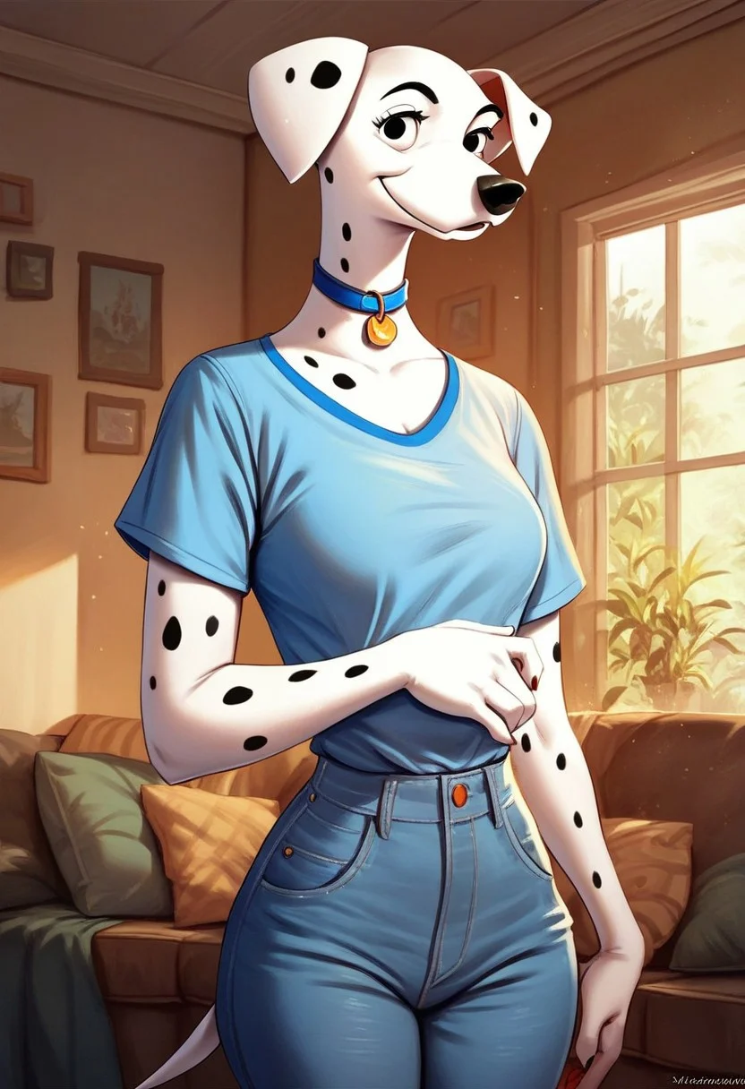 score_9, score_8_up, score_7_up, score_6_up, score_5_up, score_4_up, solo, perdita101, anthro, dalmatian, shirt, jeans, looking at viewer, living room, cowboy shot