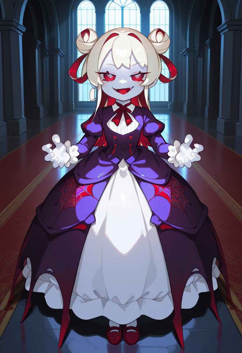 masterpiece, best quality, amazing quality, very aesthetic, absurdres, newest, scenery, , little girl, slim body, pale skin, red eyes, pale blonde hair, two hairbuns as hair, evil smug smile, victorian dress, spider themed, spider girl, insect body, dark and pale purple clothes, sharp teeths , masterpiece, best quality, amazing quality, very aesthetic, absurdres, newest, scenery, volumetric lighting ,cielina