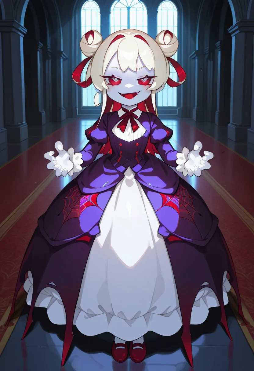 masterpiece, best quality, amazing quality, very aesthetic, absurdres, newest, scenery, , little girl, slim body, pale skin, red eyes, pale blonde hair, two hairbuns as hair, evil smug smile, victorian dress, spider themed, spider girl, insect body, dark and pale purple clothes, sharp teeths , masterpiece, best quality, amazing quality, very aesthetic, absurdres, newest, scenery, volumetric lighting ,cielina