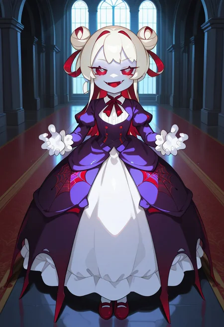 masterpiece, best quality, amazing quality, very aesthetic, absurdres, newest, scenery, , little girl, slim body, pale skin, red eyes, pale blonde hair, two hairbuns as hair, evil smug smile, victorian dress, spider themed, spider girl, insect body, dark and pale purple clothes, sharp teeths , masterpiece, best quality, amazing quality, very aesthetic, absurdres, newest, scenery, volumetric lighting ,cielina
