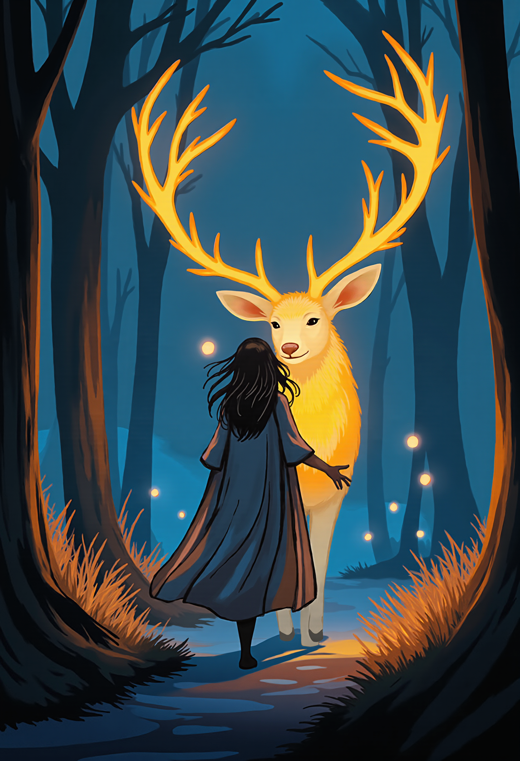 A digital artwork in the style of P0RTR4IT. A woman in a flowing cloak, standing beside a massive, bioluminescent stag. They walk through a glowing forest, their path lit by soft, floating orbs of light. 
