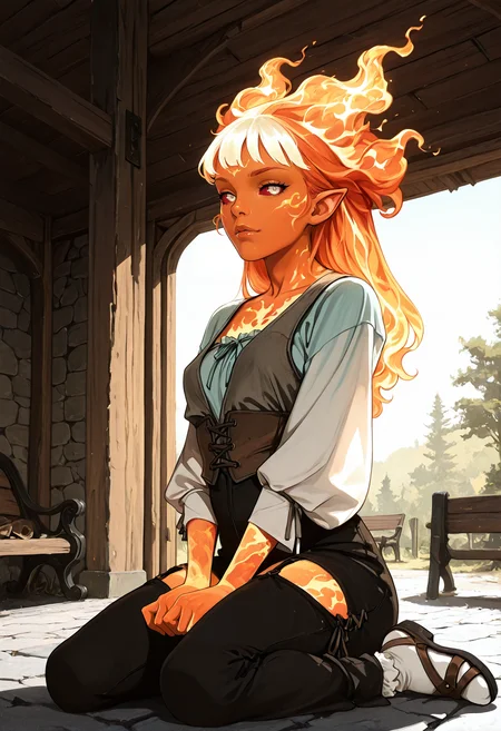 realistic, very awa, ambient occlusion, ray tracing, [sei shoujo], [yoshiten], [takeuchi_takashi], [libbyframe], style parody, [bang_dream!], [arcane:_league_of_legends], [league_of_legends], saturated, colorful, (dynamic angle:1.3), (cowboy shot:1.2) BREAK 1girl, solo, <lora:FireGenasi:0.7> FireGenasi, fire hair, colored sclera, pointed ears, pale yellow-orange fire hair, <lora:Fiery_Hair_P1:0.6> Fiery_Hair, glowing grey eyes, normal skin (amber skin:1.2), fit body, short stack, narrow hips, , perfect hands, moist lips, (proud), BREAK wearing oversized medium purple satin vest, (detailed pastel blue_grey wool blouse), razer back, layered sleeves, laced light yellow_orange detached pants, socks, garter straps, sandals, BREAK medieval, fantasy, indoors, rustic tavern, stone floors, benches, reclining, sitting, wariza , arms in lap, on bench, spring, day, hard light, high contrast, dynamic lighting BREAK <lora:Face_Enhancer_Illustrious:0.6> <lora:DarkerThanDarkIllustriousV1:0.5> <lora:Sketchy_Pinup_Style_Illu_Edition:0.7> SP-Illu <lora:E-Girl_PFP_Style:0.6> EGirlPFP