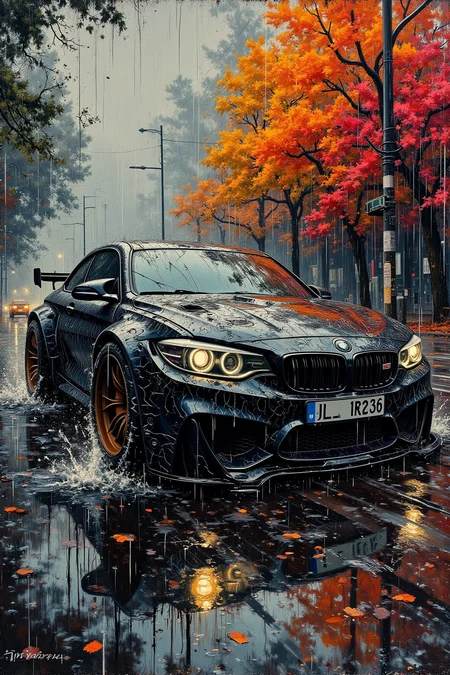 YFG-Aarchy, Oil painting style with textured black paint with thick brush strokes, dripping wet melting oily paint, thick colorful paint, an intricate and expressive graffiti artwork car driving through a rainstorm in autumn with beautiful fall colors, a splash of paint