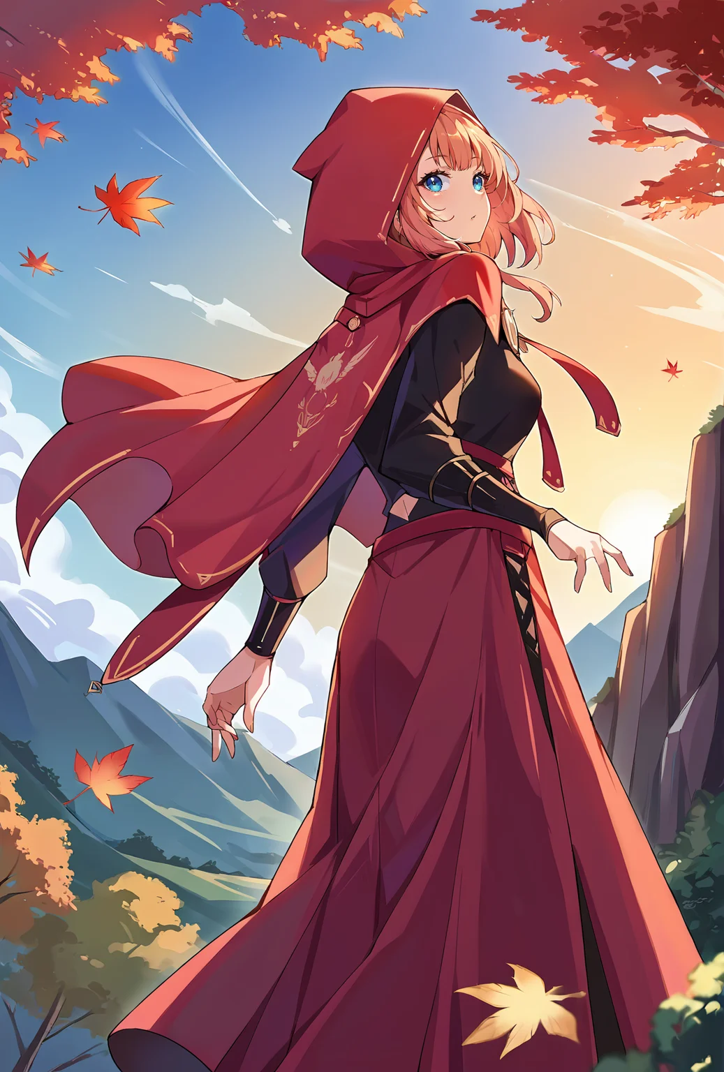 score_9, score_8_up, score_7_up, source_anime BREAK
1girl, standing, from side, cowboy shot, nature, cliff, mountain, tree, wind, falling leaves, adjusting hood, looking back, looking at viewer, low light, sunset, orange sky, light rays, from below
<lora:TakaneLuiXL-3:1>
lui-3rd, hooded cloak, hood up, red hood, long skirt, red skirt