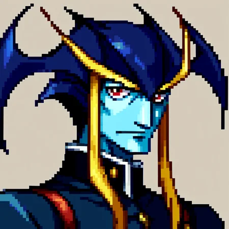 score_9, score_8_up, score_7_up, source_anime, BREAK, solo, 1boy, looking at viewer, <lora:P1-Portraits-pdxl_Fp:1>, portrait, simple background, pixel art, <lora:Jedah-pdxl_Fp:1>, jedahv, blue skin, red eyes, head wings, black uniform, pants,