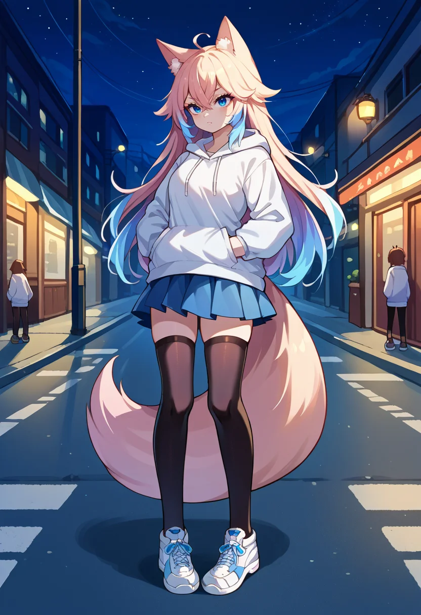 score_9, score_8_up, source_anime, 1girl, solo, NayamiPF, animal ears, blue eyes, multicolored hair, long hair, hair between eyes, ahoge, tail, white hoodie, outdoors, night, street, lamppost, hands in pockets, full body, black thighhighs, shoes, skirt, <lora:ChamNayamiPeachfoxPonyXL:1>