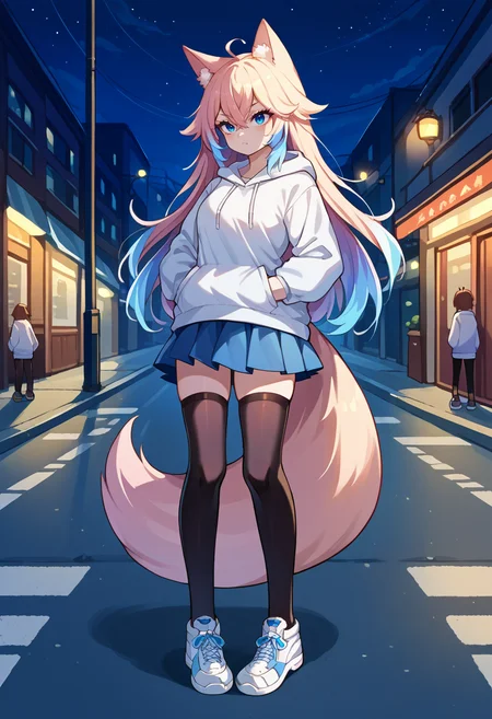 score_9, score_8_up, source_anime, 1girl, solo, NayamiPF, animal ears, blue eyes, multicolored hair, long hair, hair between eyes, ahoge, tail, white hoodie, outdoors, night, street, lamppost, hands in pockets, full body, black thighhighs, shoes, skirt, <lora:ChamNayamiPeachfoxPonyXL:1>