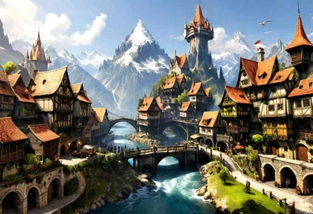 something with fantasy and D&D style, places and streets, regions and cities, special buildings, working people, animals, ultra high quality