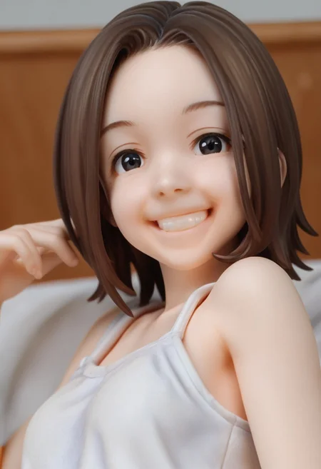 a young woman with a light complexion and a cheerful smile sit on her bed with crop-top and denim short, 1girl, looking at viewer, brown hair, portrait, smile, black eyes, grin