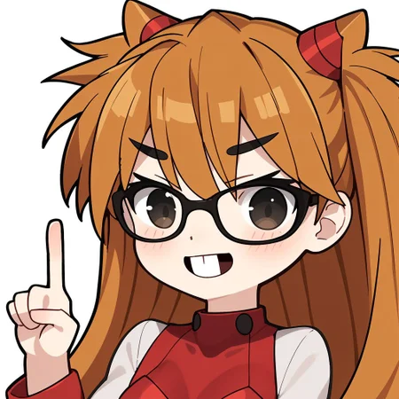 asuka langley, chibi,glasses,index finger raised,upper teeth,white background, <lora:Nerd-t3:0.8>