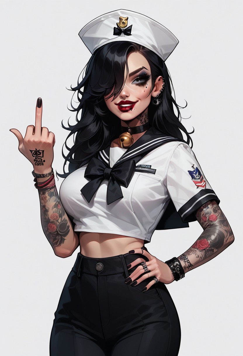 score_9, score_8_up, score_7_up, s41l0r, dixie cap hat, hat, sailor, sailor collar, pants, shirt, bell-bottoms, 1girl, sexy 18 yo goth girl, cute face, messy medium black hair, mascara, lipstick, hair over one eye, large breasts, hourglass figure, giving middle finger, smug, t4ts, tattoos, tattoo