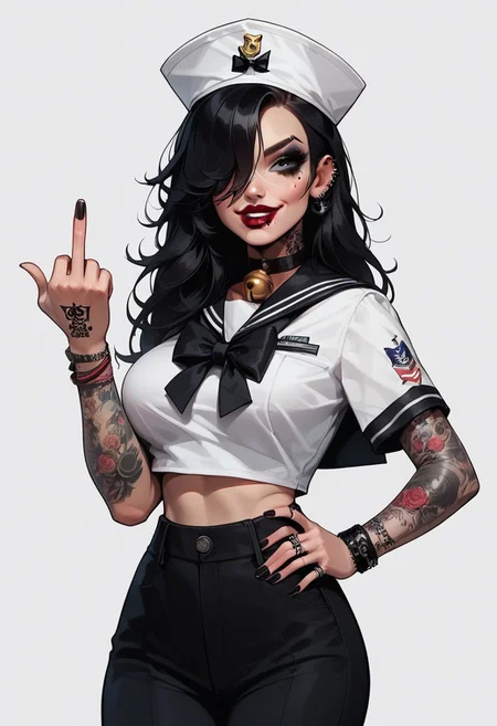 score_9, score_8_up, score_7_up, s41l0r, dixie cap hat, hat, sailor, sailor collar, pants, shirt, bell-bottoms, 1girl, sexy 18 yo goth girl, cute face, messy medium black hair, mascara, lipstick, hair over one eye, large breasts, hourglass figure, giving middle finger, smug, t4ts, tattoos, tattoo