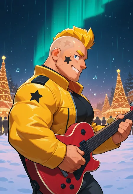 mbtiesfp, 1boy, blonde, short hair, black star on face,, yellow jacket, black shirt, looking at viewer, smirk, grin, happy, brawlStars, in the amusement park, pants, portrait, half body, upper body, blue eyes, shaved mohawk, source_cartoon, vector art, 2d, bara, manly, muscular, 3/4 view, night sky, aurora in the sky, snow, playing guitar, {{holding red electric guitar}}, in the concert, ((floating colorful muscial notes)), snowstorm, Side View, Pec focus, left view, warm lighting, with people walking background, {{colorful glowing musical notes}}, yellow eyebrows, yellow chin hair