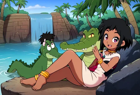Tick tock crocodile,male animal focus,tail, crocodile , crocodile mouth open,smile ,green skin, blue eyes, Tick Tock the crocodile is giant and very huge size,teeth, crocodile swimming and submerged in the water,Tick Tock the crocodile looking Choi_mochimazzi,Choi_mochimazzi an anime girl, 1girl, looking at viewer, smile, short hair, Choi_mochimazzi sitting down on the the rock,Choi_mochimazzi IS her very little size. Base - choim, short hair, black hair, red eyes, dark-skinned female,purple eyes, Base Outfit - dress, jewelry, dark skin, necklace, bracelet, wristband, neck ring, anklet, barefoot,river,palm trees, jungle, tropical _island,village, temple,Disney, waterfall,retro_anime, manga,tamako_market