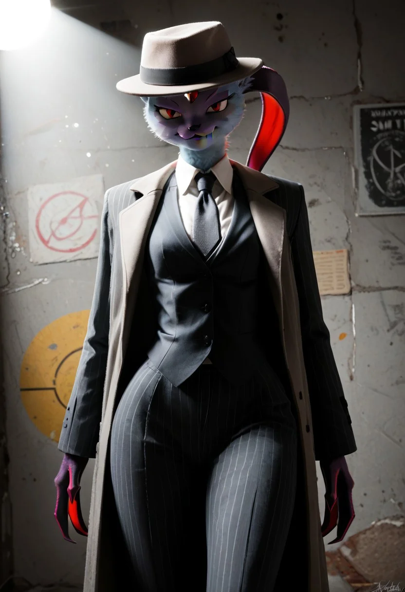 score_9, score_8_up, toony, Sneasler, grey body, big claws, one long ear, red eyes, 1girl, furry female, solo, pokemon(creature), tall, smile, forehead jewel, body fur, wide hips, small waist, BREAK, Pinstripe Suit, mafia suit, hat, mafi4, necktie, gloves, suit, fedora, white shirt, black vest, coat, concrete background, spotlight