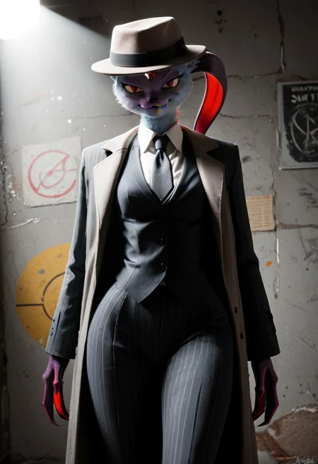 score_9, score_8_up, toony, Sneasler, grey body, big claws, one long ear, red eyes, 1girl, furry female, solo, pokemon(creature), tall, smile, forehead jewel, body fur, wide hips, small waist, BREAK, Pinstripe Suit, mafia suit, hat, mafi4, necktie, gloves, suit, fedora, white shirt, black vest, coat, concrete background, spotlight