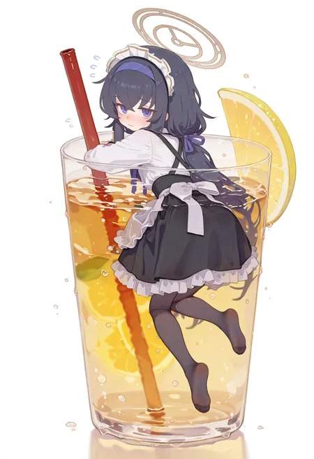 E_0x0194_type4,
ui \(blue archive\), (in cup:1.1), 1girl, solo, long hair, looking at viewer, blush, blue eyes, simple background, shirt, skirt, black hair, white background, dress, purple eyes, white shirt, pantyhose, frills, hairband, food, alternate costume, looking back, from behind, black dress, halo, apron, cup, black pantyhose, maid, maid headdress, fruit, no shoes, flying sweatdrops, white apron, waist apron, drinking glass, drinking straw, ice, enmaided, drink, blue hairband, lemon, ice cube, lemon slice,
, masterpiece, best quality, good quality,
<lora:ai_styles_collection_noob_vpred-1.0-v5:1>