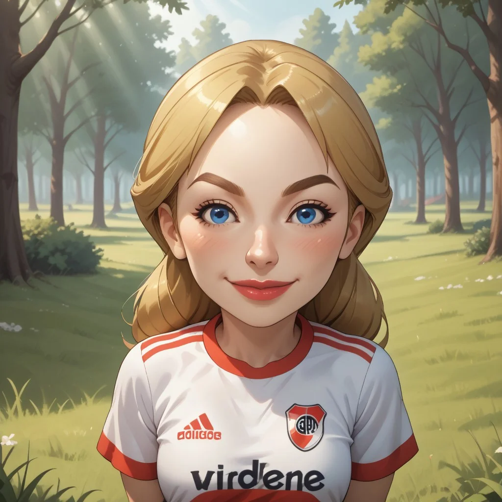score_9, score_8, BREAK, solo, mii, wii, wii sports, female mii, 1girl, cute, blonde hair, dark blonde eyebrows, white skin, blue eyes, big lips, blush, RiverPlate, striped shirt, striped, shirt, white shirt, short sleeves, clothes writing, sportswear, soccer uniform, Julie_(\Wii_Sports\), Nintendo Mii, modern_mii, classic_mii, breasts, adult female, mature female, sexy pose, self portrait, smile, outdoors, sunlight, shadows, evening lighting, natural lighting, forest, trees, grass, orange sky, sunset