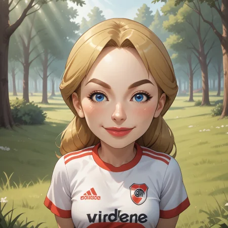 score_9, score_8, BREAK, solo, mii, wii, wii sports, female mii, 1girl, cute, blonde hair, dark blonde eyebrows, white skin, blue eyes, big lips, blush, RiverPlate, striped shirt, striped, shirt, white shirt, short sleeves, clothes writing, sportswear, soccer uniform, Julie_(\Wii_Sports\), Nintendo Mii, modern_mii, classic_mii, breasts, adult female, mature female, sexy pose, self portrait, smile, outdoors, sunlight, shadows, evening lighting, natural lighting, forest, trees, grass, orange sky, sunset