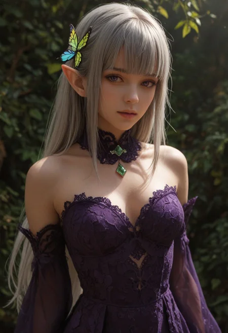 score_9, score_8_up, score_7_up, score_6_up,
1girl, 25 years old, perfect face, (adult), sexy, 1girl,
purple eyes,
grey hair, long hair, butterfly hair ornament, hair ribbon, blunt bangs,
pointy ears,
green gemstone,
purple dress, bare shoulders, purple sleeves,
lace dress, frilled dress