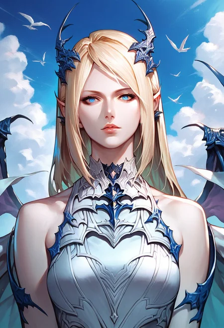 score_9,score_8_up,score_7_up,source_anime,Shiva,1girl,solo,long hair,looking at viewer,blue eyes,blonde hair,bare shoulders,upper body,wings,cloud,armor,lips,