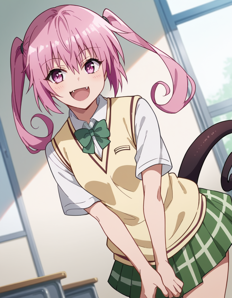 score_9, score_8_up, score_7_up, source_anime,
nanadeviluke, <lora:nana-deviluke-darkness-ponyxl-lora-nochekaiser:1>,
nana asta deviluke, fang, long hair, pink eyes, pink hair, tail, twintails,
green skirt, plaid, plaid skirt, sainan high school uniform, school uniform, skirt, shirt, white shirt, sweater vest, yellow sweater vest,
indoors, classroom, bent over, smile,
looking at viewer, cowboy shot, dutch angle, solo,