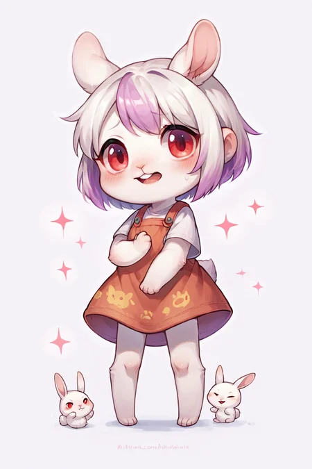 score_9, score_8_up, score_7_up, source_anime, source_furry, highly detailed, 1girl, chibi:0.3, white fur, albino anthro rabbit with lavender dyed hair, red eyes, teeth,   embarrassed, ears drooping,  simple background, white background,  <lora:justduet_SDXLPONY_r70_768_dim32-a4-adamW-000009:0.6>