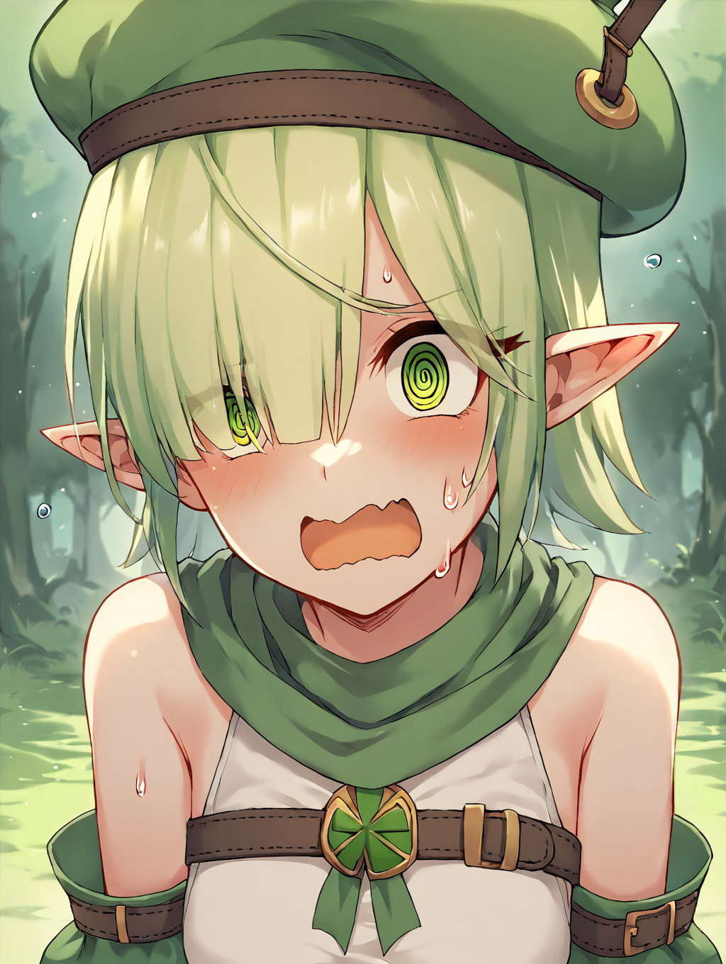 score_9, score_8_up, score_7_up, score_9_up, masterpiece, high quality, highly detailed, source_anime,
1girl, solo, 
nature background,
portrait,
 <lora:Aoi_Pony:0.8>aoibase, elf, covered one eye,
aoidef, belt, green beret, green scarf, bare shoulders, detached sleeves, green sleeves, two-tone shirt, white shirt,
front view, @_@, wavy mouth, open mouth, looking at viewer, sweat,