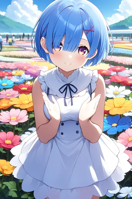 rem, 1girl, solo,petite, blue short bob, large breasts,close up,standing,looking at viewer,flowerhands,white dress, Make flower shape with both hands, open palms,incoming,upperbody,smile,cloud,flower park,wind,feather <lora:better skin typeB-v1:0.7> <lora:XDetail_light:1>masterpiece,best quality,source anime
 <lora:negativeXL_D:1> <lora:_sdxl-flowerhands:0.7>  <lora:rem rezero xl:0.7>