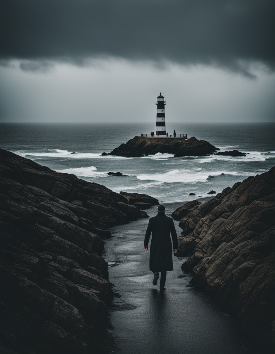 Cinematic shot from above the shoulder of a man in a coat walking towards a lighthouse, photography, cold weather, overcast, light dark grey sinister color palette --ar 21:9 