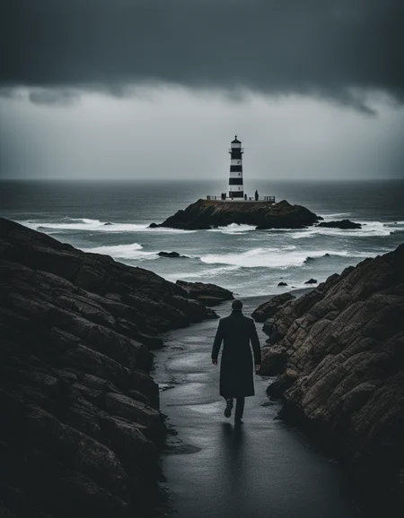 Cinematic shot from above the shoulder of a man in a coat walking towards a lighthouse, photography, cold weather, overcast, light dark grey sinister color palette --ar 21:9