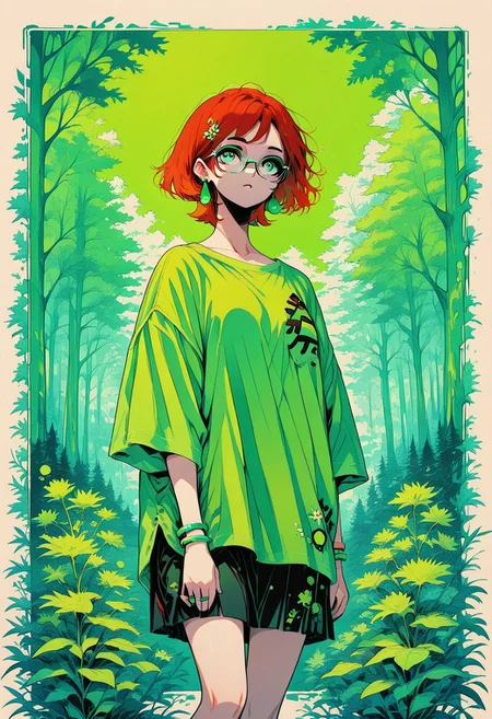 masterpiece, high quality, highres, flat colors, gradient, retro colors, sketch, ink splash, rings, abstract, dynamic angle, cinematic, detailed_hands, elegant_fingers, beautiful_feet, ink splashes surreal theme, green theme
1girl, solo, pin up, red hair, short hair, glasses, makeup, hair ornament, little twigs sticking out of her hair, hair in all directions, forest girl
oversized shirt, decorated, bracelets, long earrings, skirt, clothes with forest motif, natural touch
closeup, outside border